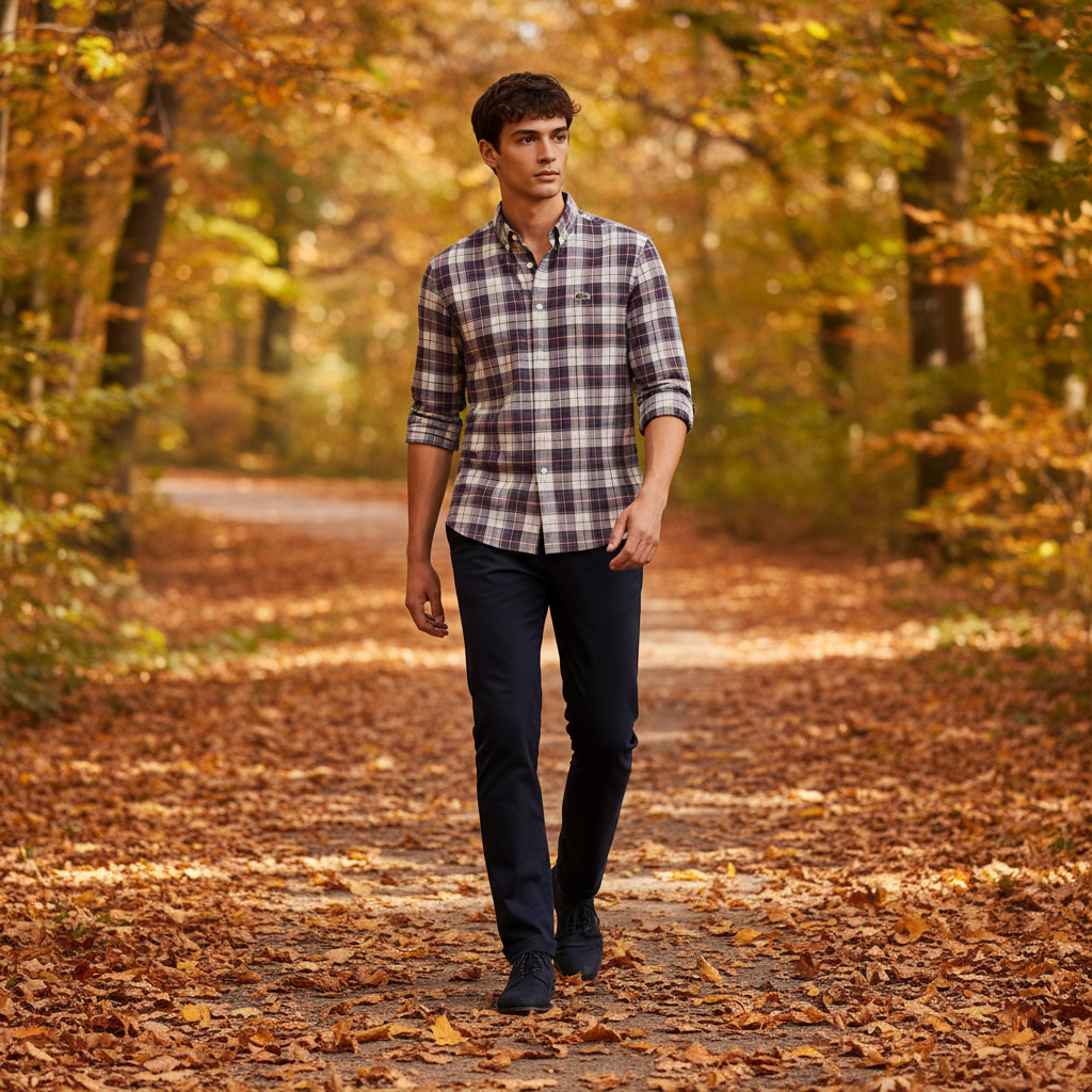 Man wearing grey burgundy plaid shirt walking in autumn park