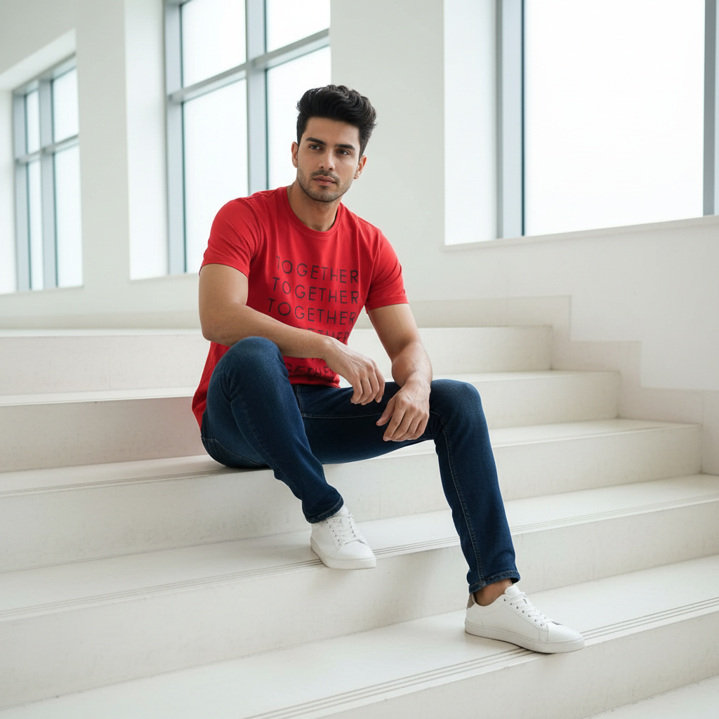 Man wearing red Together Rare Rabbit tee sitting on minimalist steps