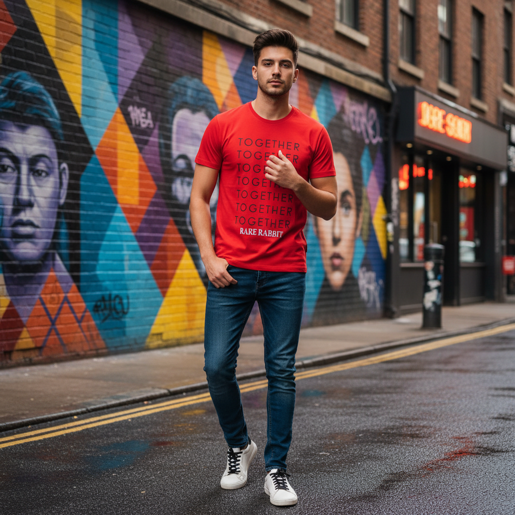 Man wearing red Together Rare Rabbit tee on vibrant urban street with murals