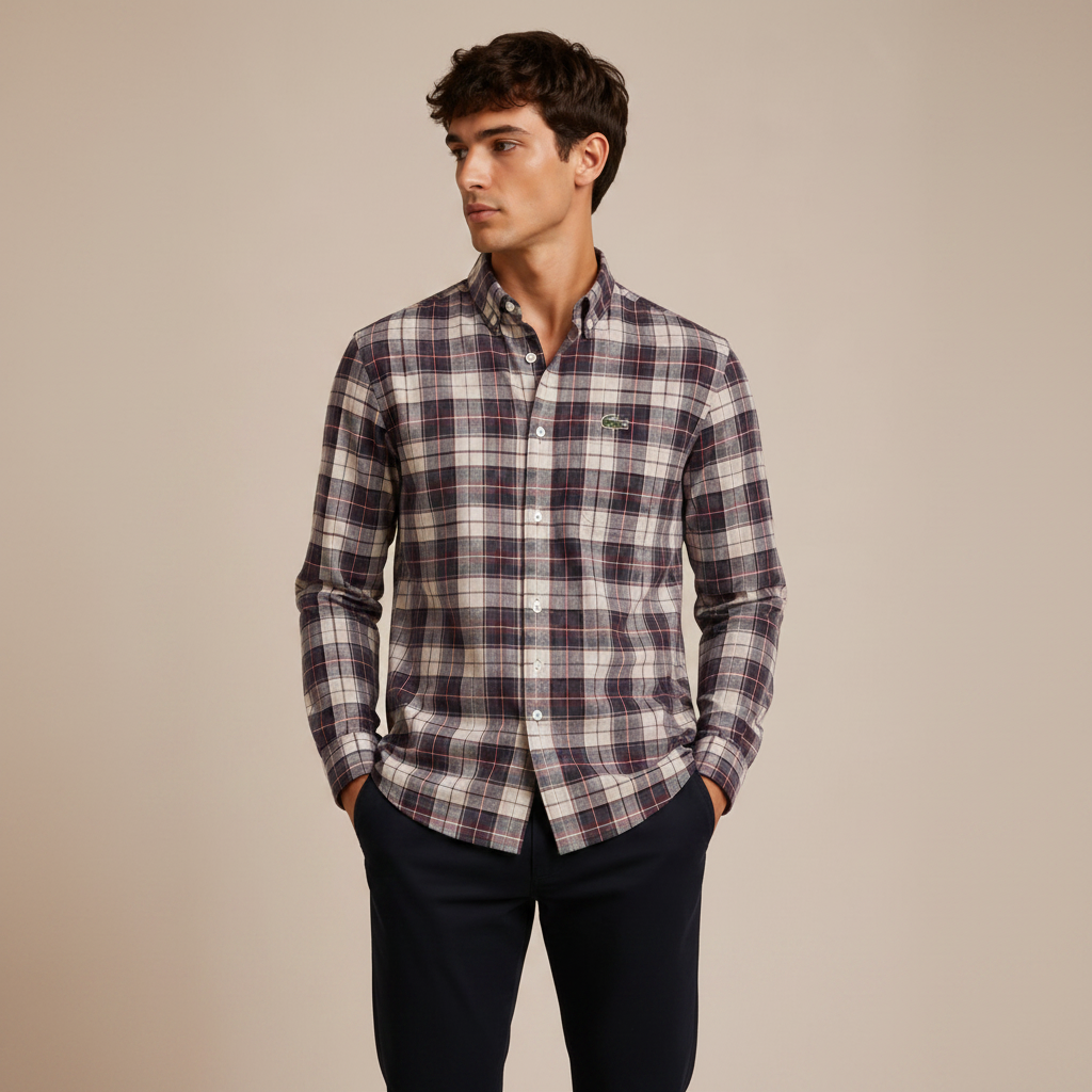 Man wearing grey burgundy plaid shirt against warm beige studio background