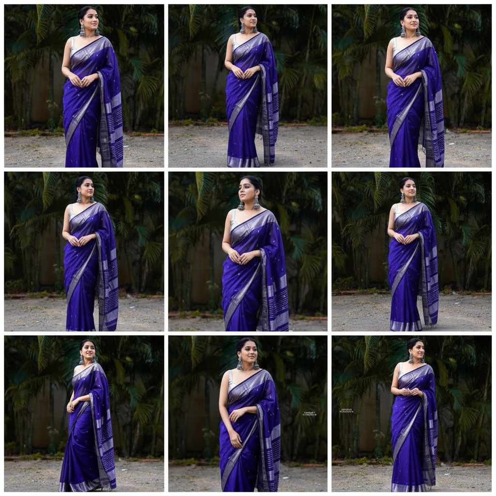 Royal Blue Organza Saree - Graceful Pose