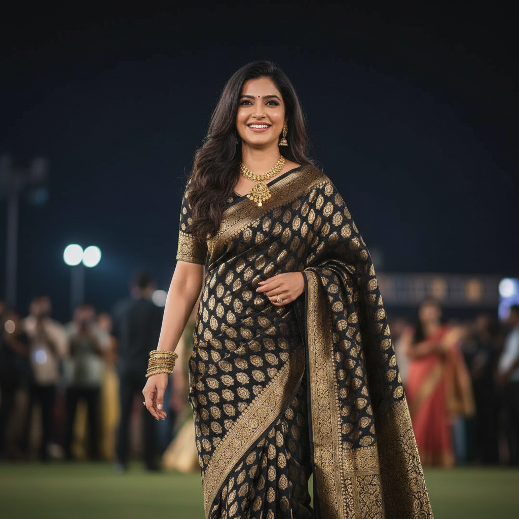 Black Lichi Silk Saree - Walking at Event