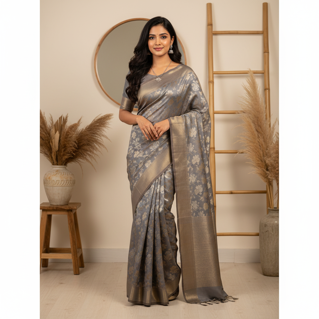 Lichi Silk Saree - Grey Color