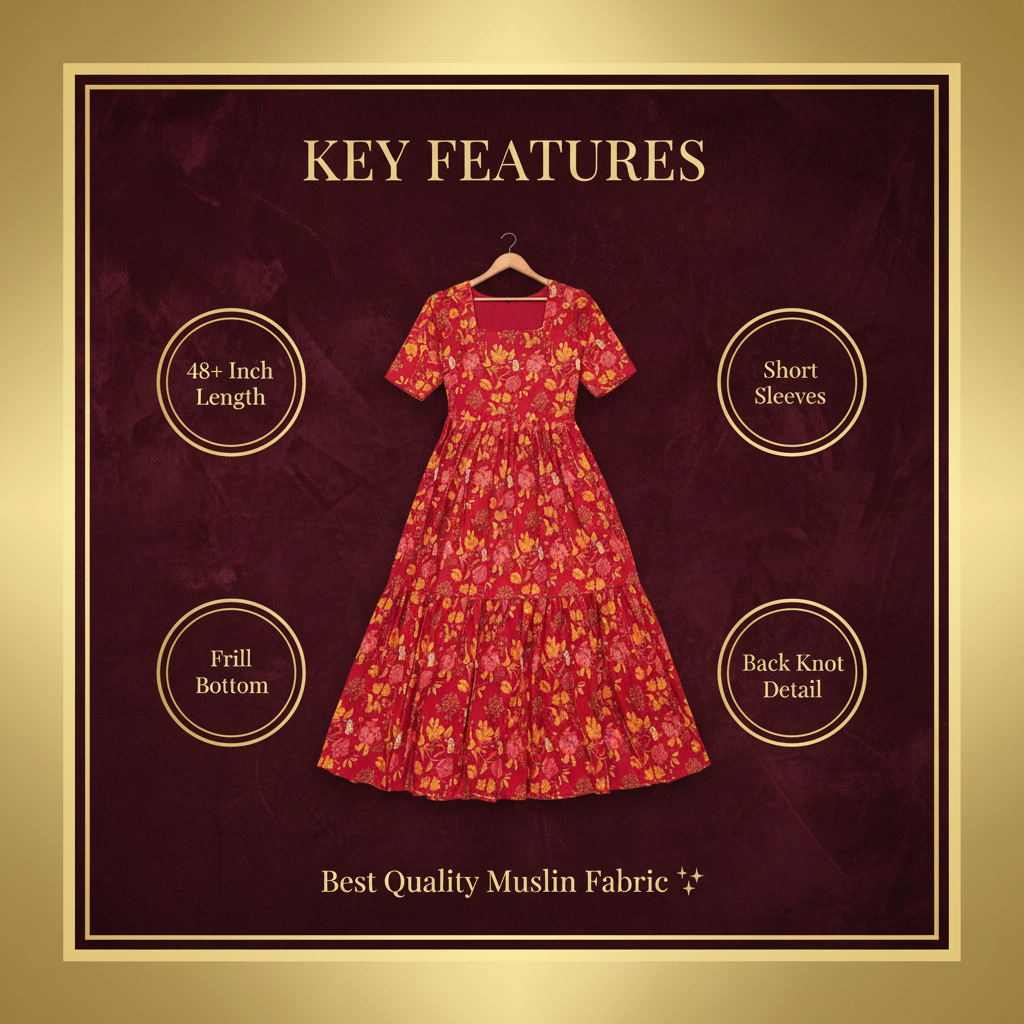 Red Floral Dress - Key features infographic