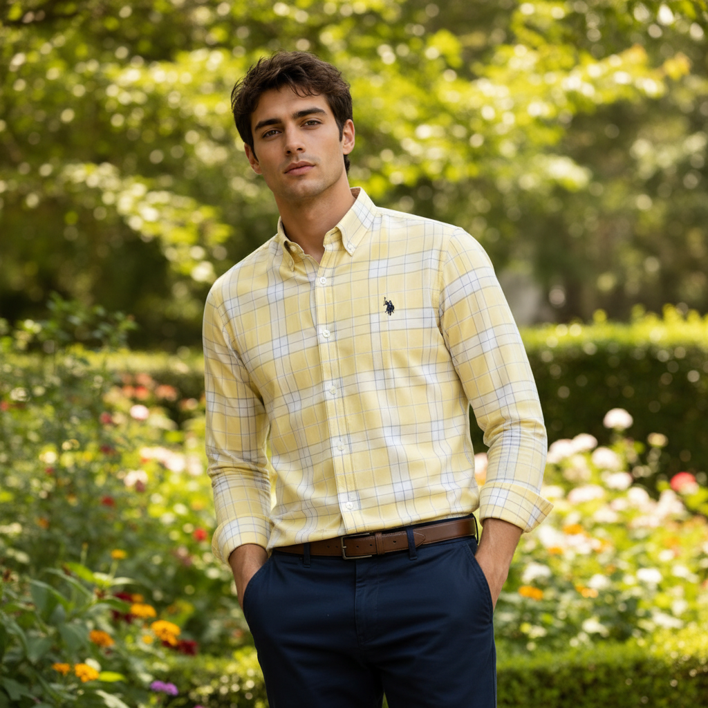 Man wearing yellow plaid shirt in lush green garden