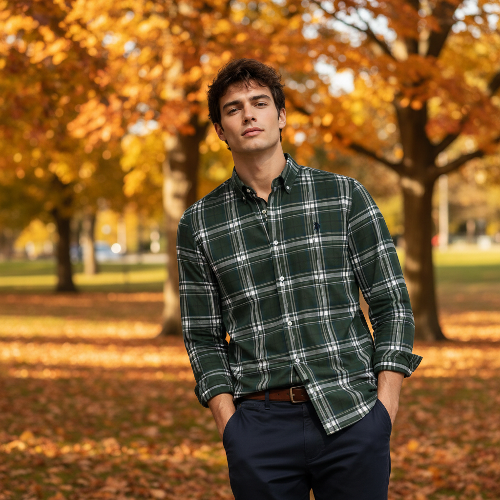 Man wearing green plaid shirt in autumn park