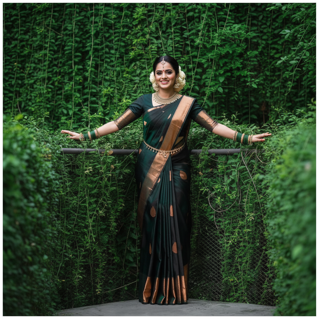 Dark Green Kanjivaram Saree - Arms Spread Pose