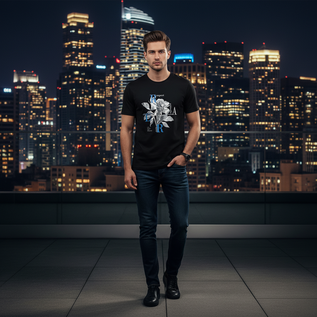 Man wearing black rose graphic tee on city rooftop at night