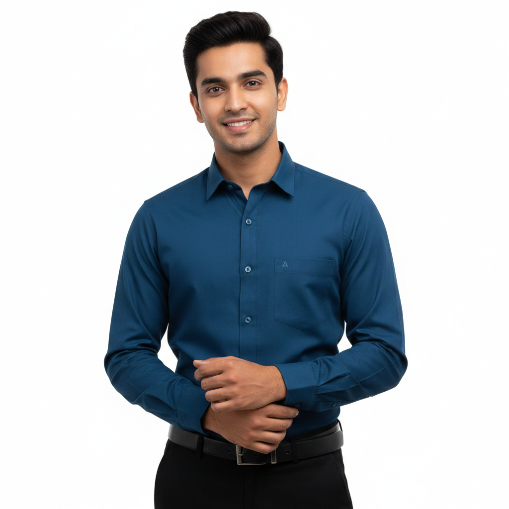 Man Wearing Grey Armour Teal Blue Shirt - Lifestyle