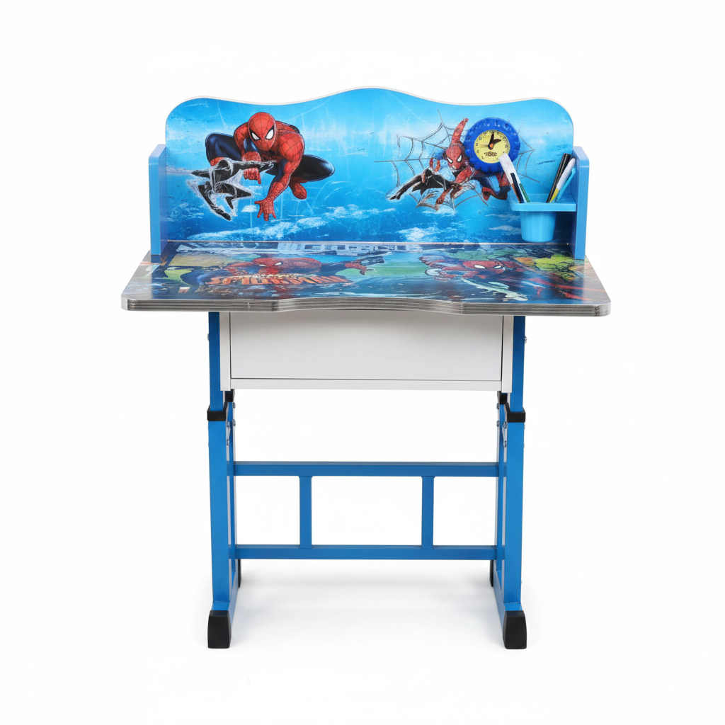 Spiderman Study Desk - Front Detail with Bookshelf and Clock