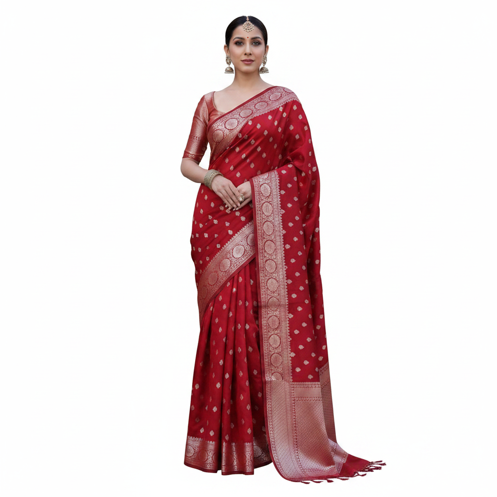 Red Lichi Silk Saree with Silver Zari Buti
