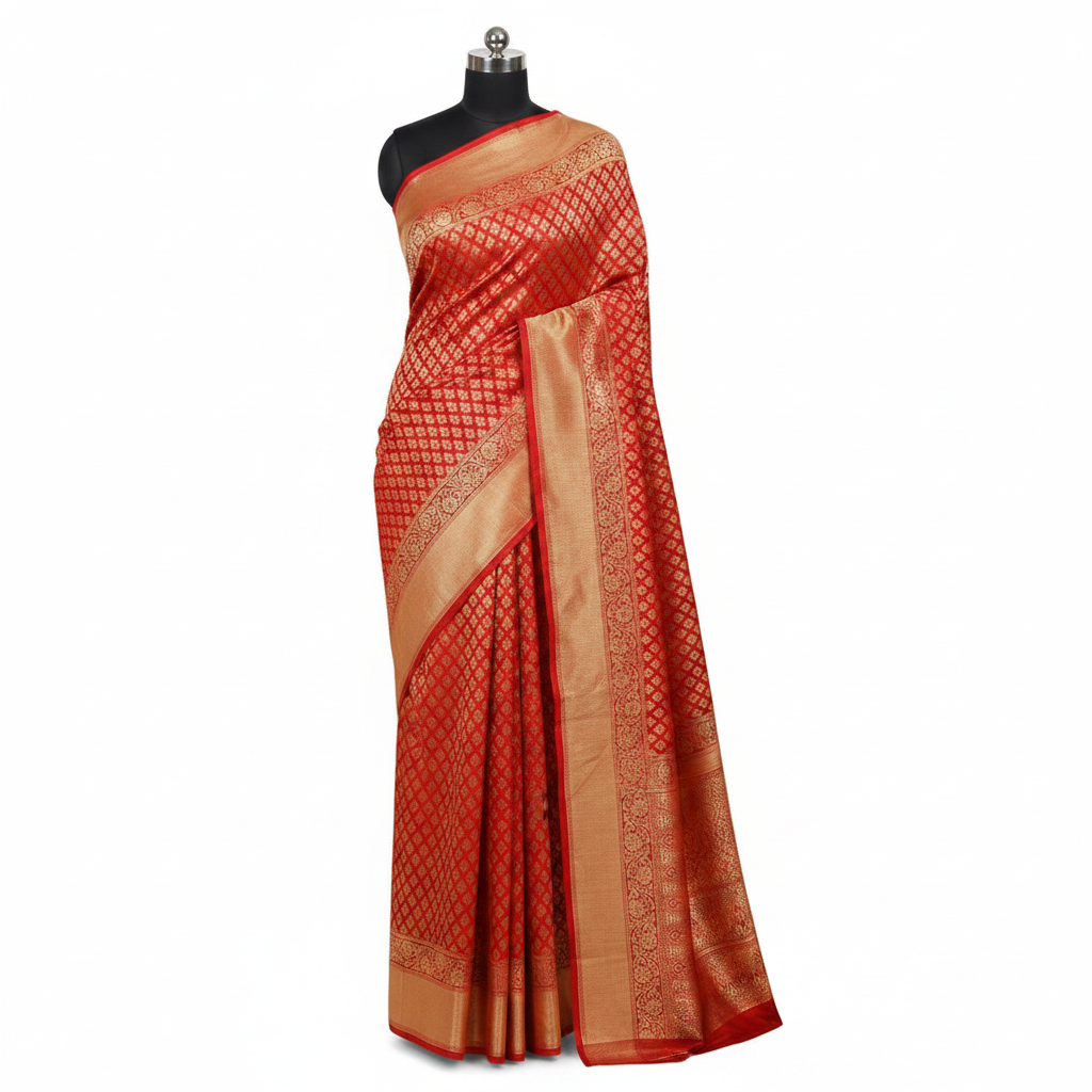 Red Banarasi Silk Saree - Draped on Mannequin