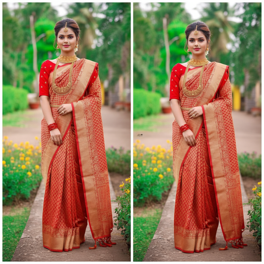 Beautiful Indian Bride in Red Banarasi Silk Saree