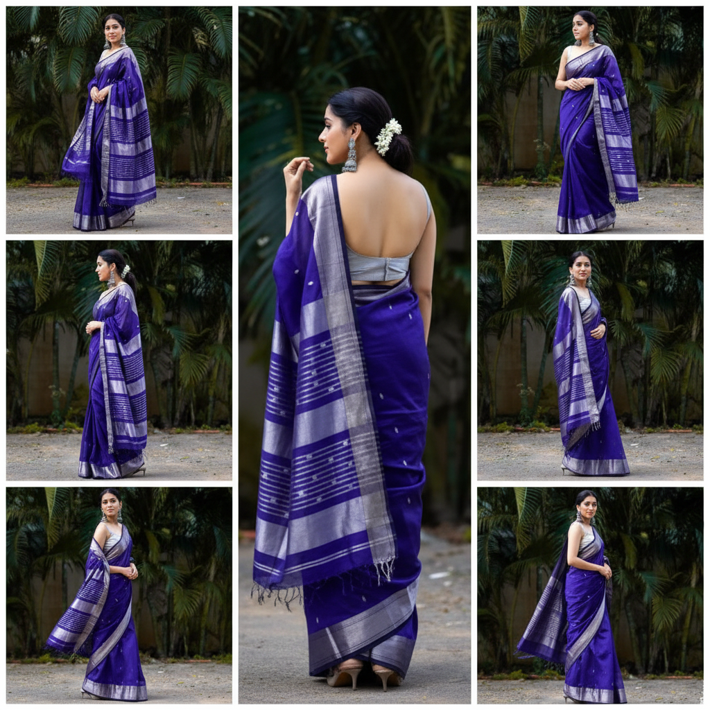 Royal Blue Organza Saree - Back Pose