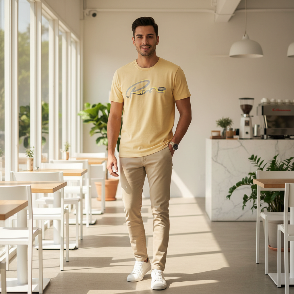 Man wearing butter yellow Rare Rabbit script tee in bright airy minimalist cafe