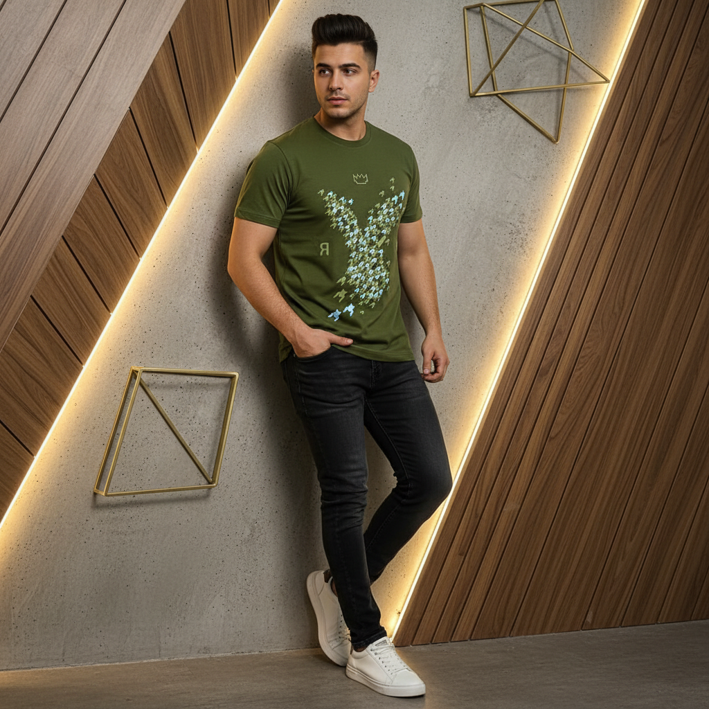 Man wearing olive green Rare Rabbit tee against concrete wall with gold geometric accents