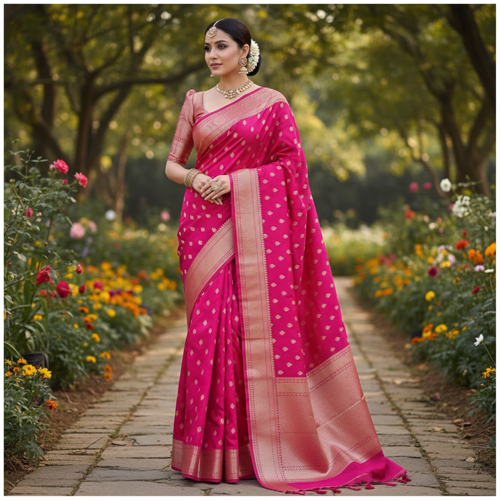 Pink Lichi Silk Saree - Beautiful Girl