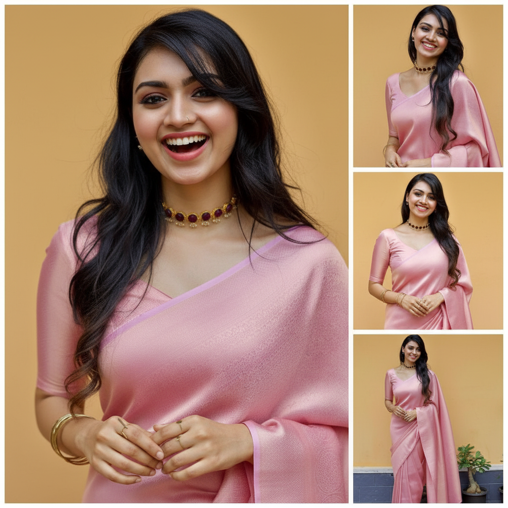 Pink Satin Saree - Candid