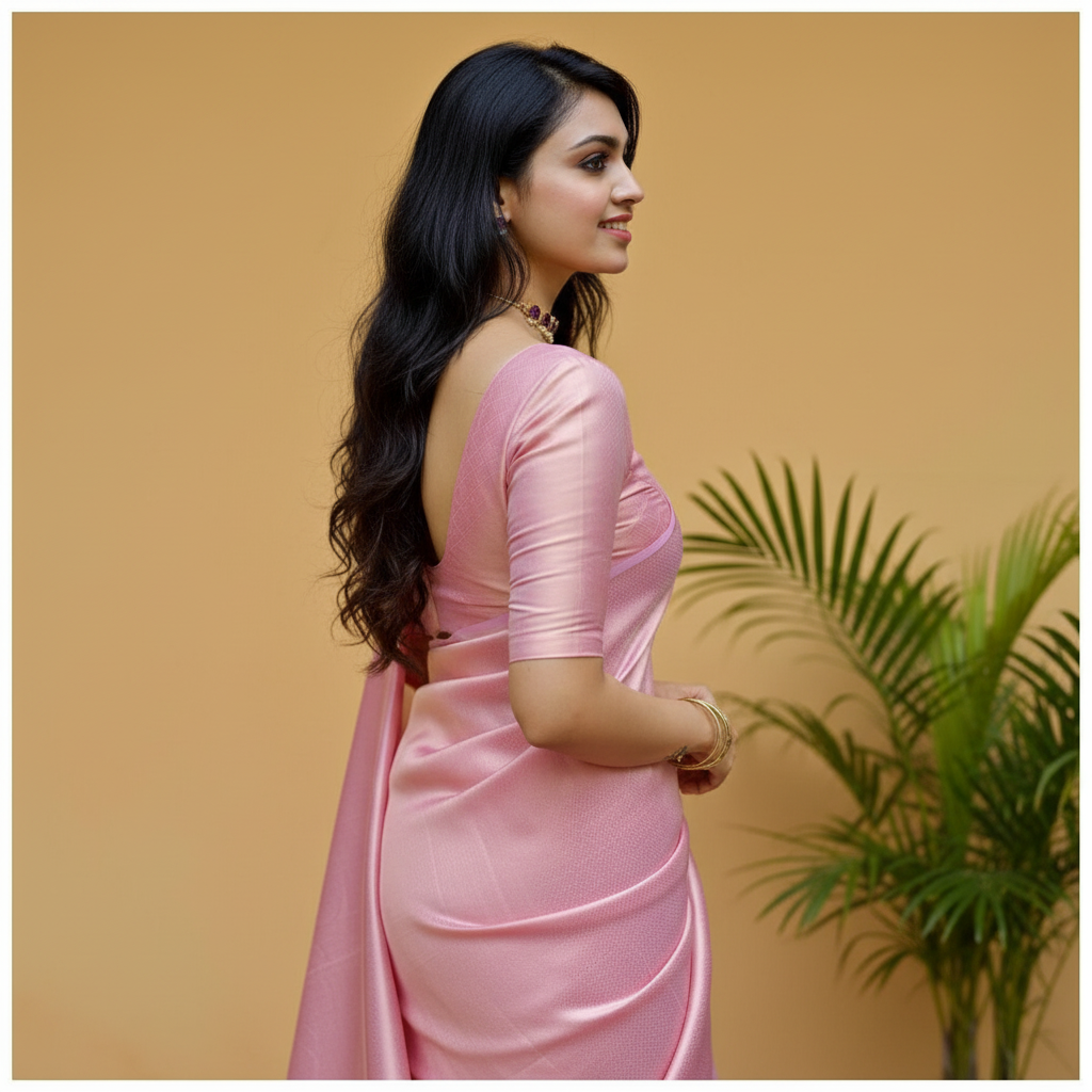 Pink Satin Saree - Side Profile